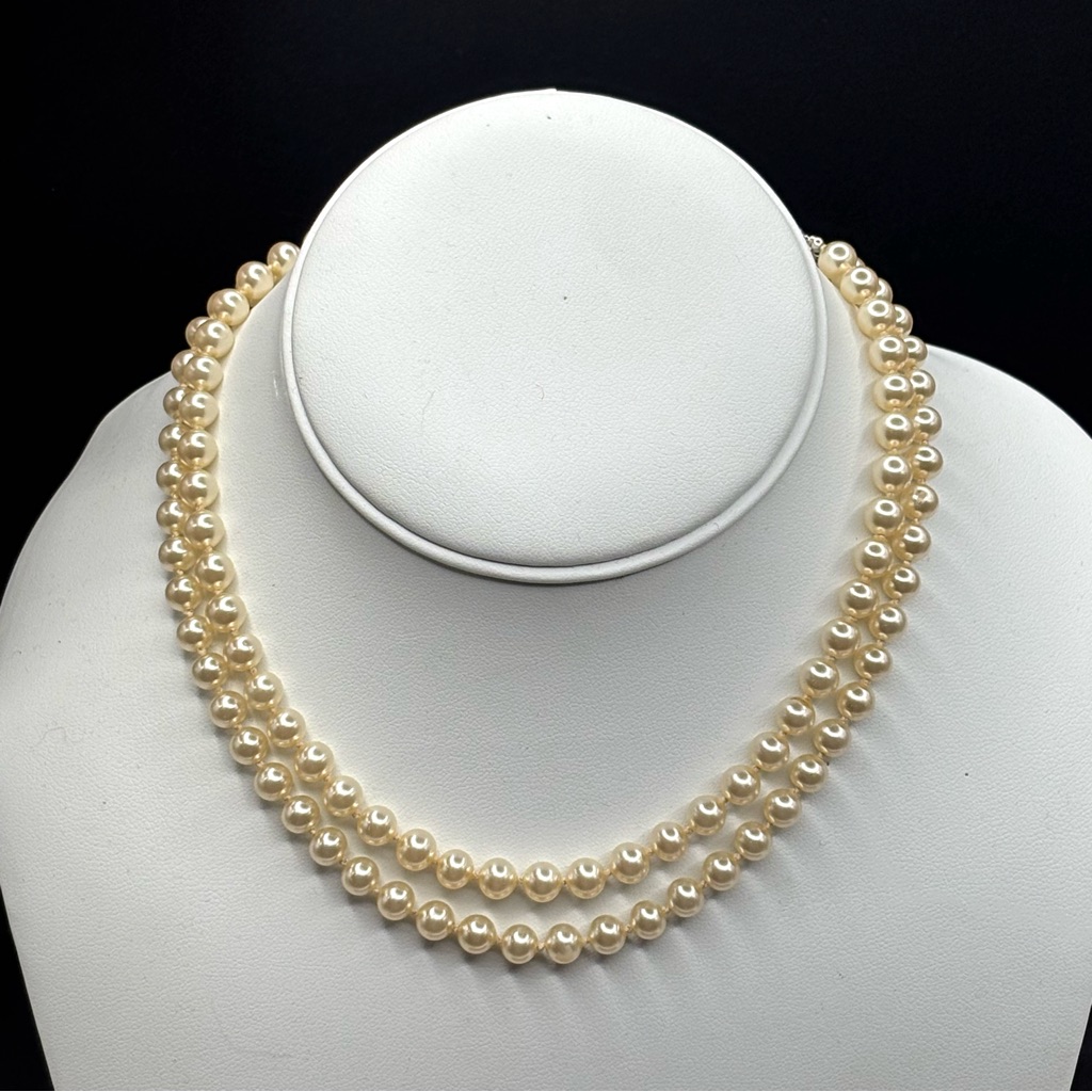 Vintage Crown Trifari Midcentury Double Strand Pearl Rhinestone Necklace 45$